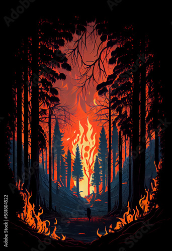 Fire in the forest  a flaming element among the trees. AI Generated