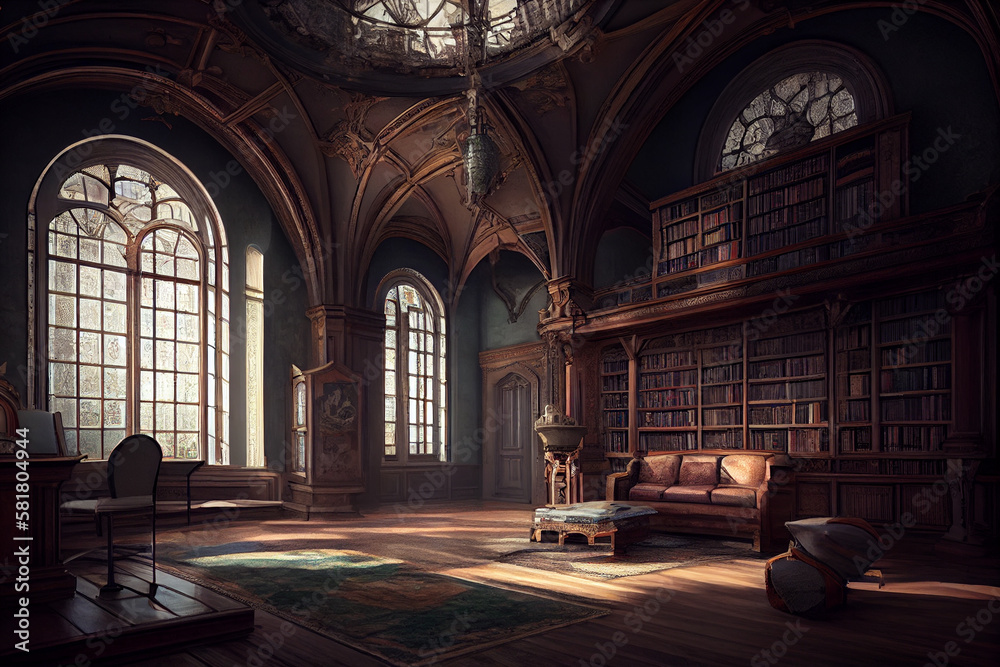 Large office with huge libraries in an old castle. AI generated