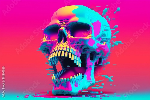 A Digital Illustration of a Glitch Skull in Vibrant Colors on Pink Background. Generative AI