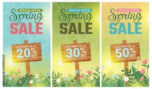 Spring 2023 Sale Background, set of abstract backgrounds with floral leave flowers frame, spring sale, banner, poster, cover, templates, social media, feed, wallpaper, stories