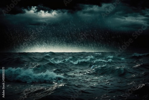 Rain on top of the choppy ocean, dark abstract background. Generative AI