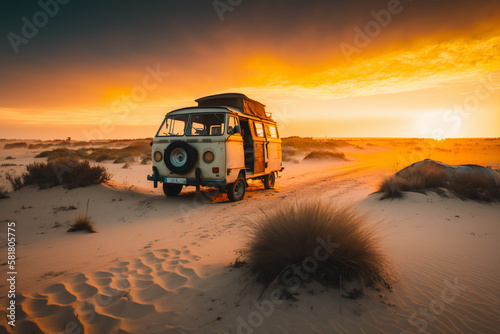 Camping Van by the Beach, an old and rusted van with surfboards on top