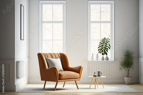 Interior Of A Bright Living Room With Armchair and Blank Frame. Generative AI.