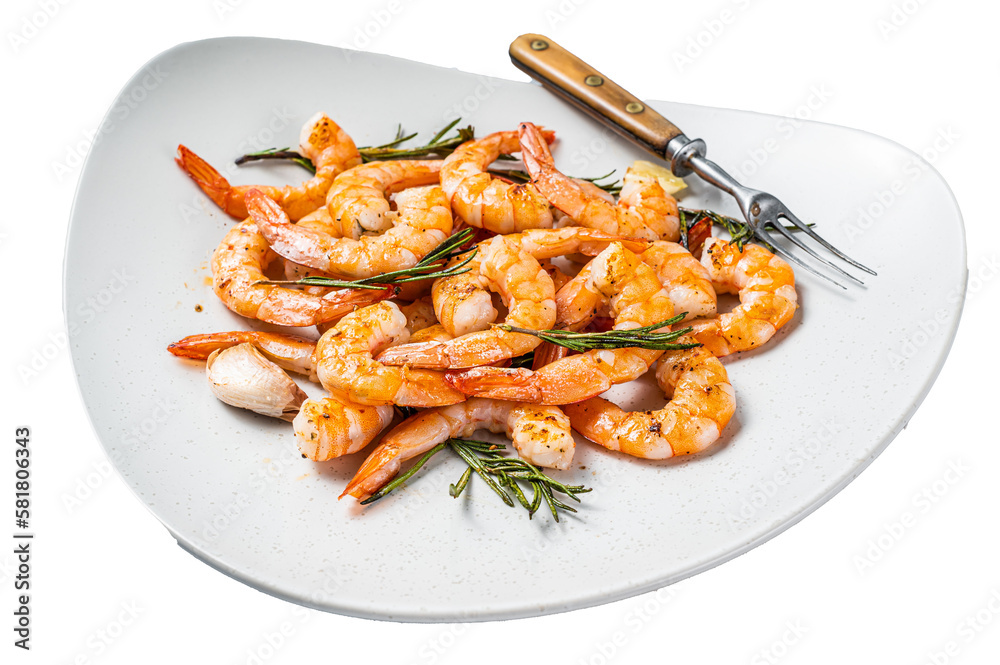 Fried Prawns Shrimps in a plate with herb and garlic.  Isolated, transparent background.