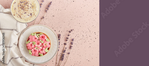 Summertime aesthetic lavender raf coffee with flowers and floral dessert. Extra wide banner, copy space