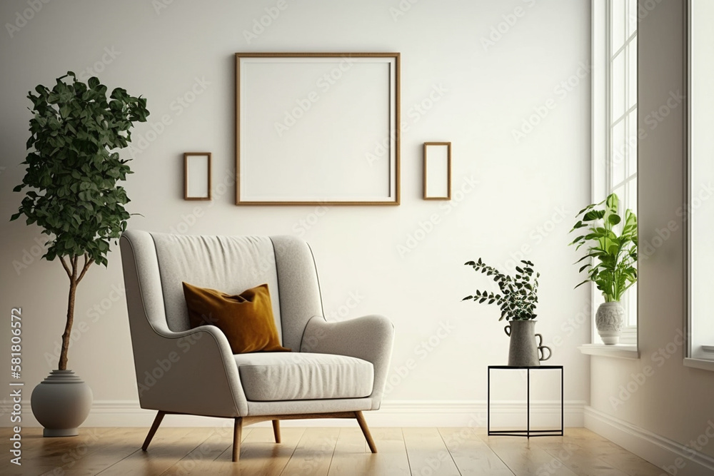 Fototapeta premium Interior Of A Bright Living Room With Armchair and Blank Frame. Generative AI.