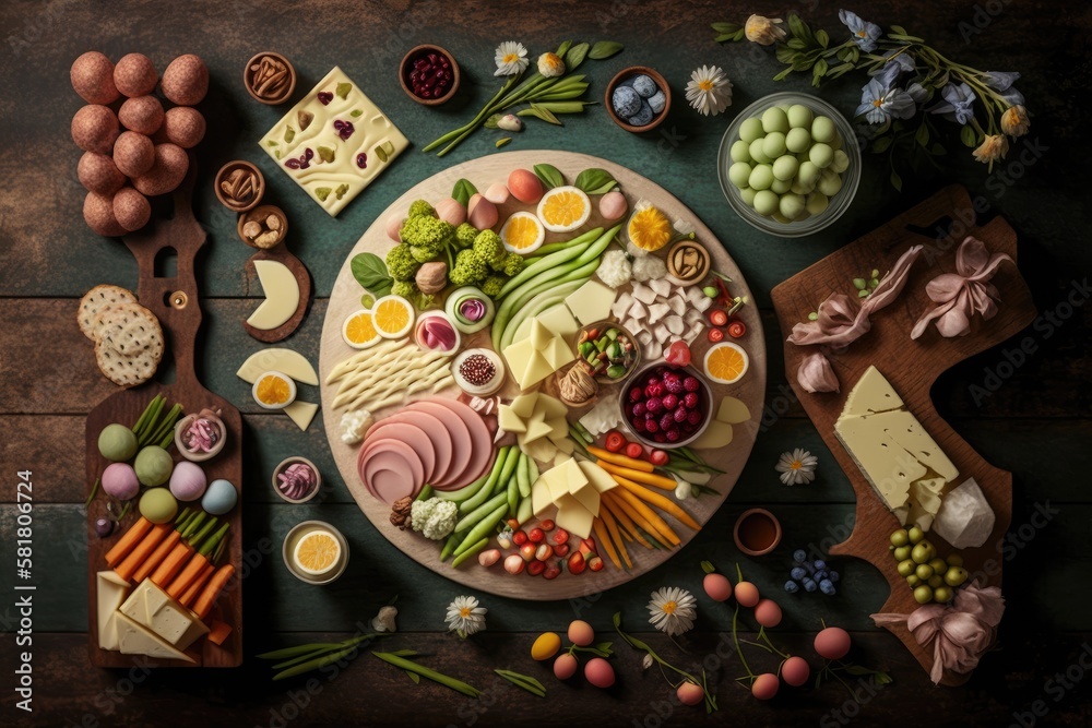 Charcuterie table scene with a spring or Easter motif set on a wooden backdrop. appetizers made out of cheese, meat, fruit, and vegetables. View from above. Generative AI