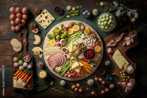 Charcuterie table scene with a spring or Easter motif set on a wooden backdrop. appetizers made out of cheese  meat  fruit  and vegetables. View from above. Generative AI