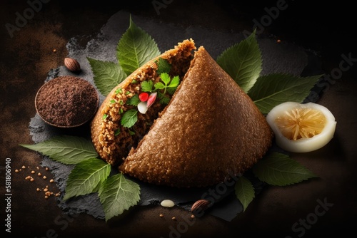 Delicious Lebanese (Arabic) food, kibbeh (kibe) on black slate stone and granite background. Generative AI photo