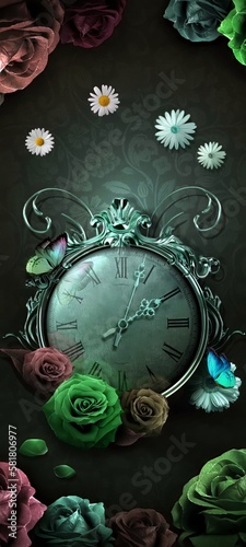 Creative illustration with clock, flowers and butterflies.