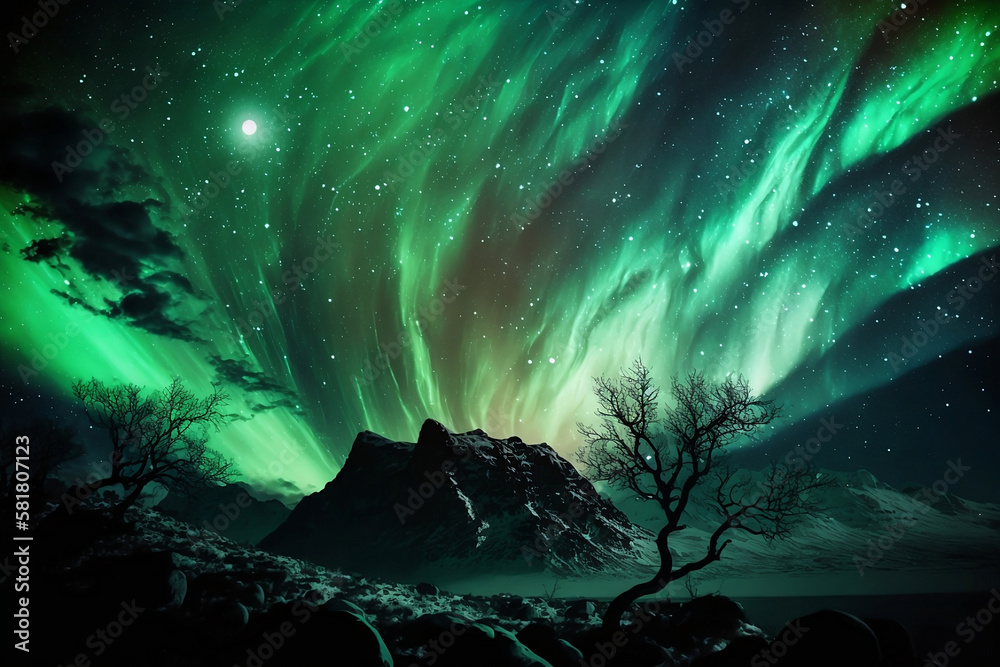 Dancing Lights of the North: A Stunning Display of Aurora Borealis over Winter Landscape. Generative AI