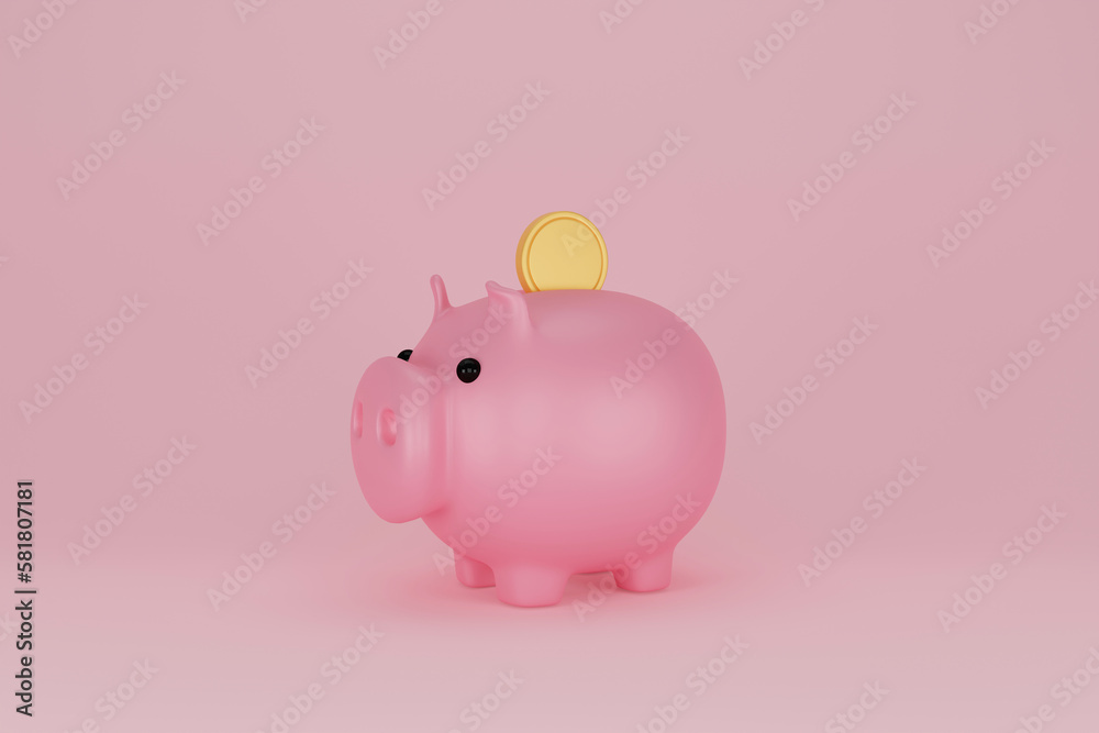 Piggy bank and golden coin on pink background. Financial planning for the future. Keep and accumulate cash savings. Banking, finance, economy, investment. 3D rendering