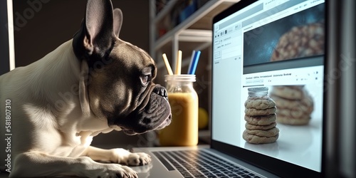 French Bulldog dog ordering online by internet for home delivery. Paws on laptop with a food shopping product selection. Concept for pets using technology, by ai generative