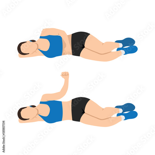 Woman doing laying external shoulder rotation. Flat vector illustration isolated on white background