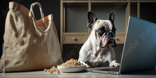 French Bulldog dog ordering online by internet for home delivery. Paws on laptop with a food shopping product selection. Concept for pets using technology, by ai generative