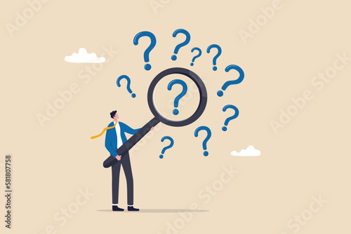 Fotografiet Problem analysis or problem management, analyze or investigate for root cause or incident, finding solution or discover threat or uncertain, businessman with magnifying glass analyze question marks