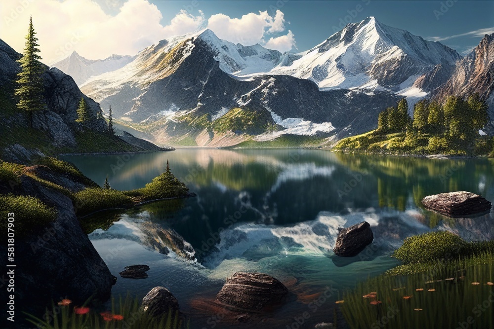 Beautiful landscape with a lake and mountains. AI Generated.