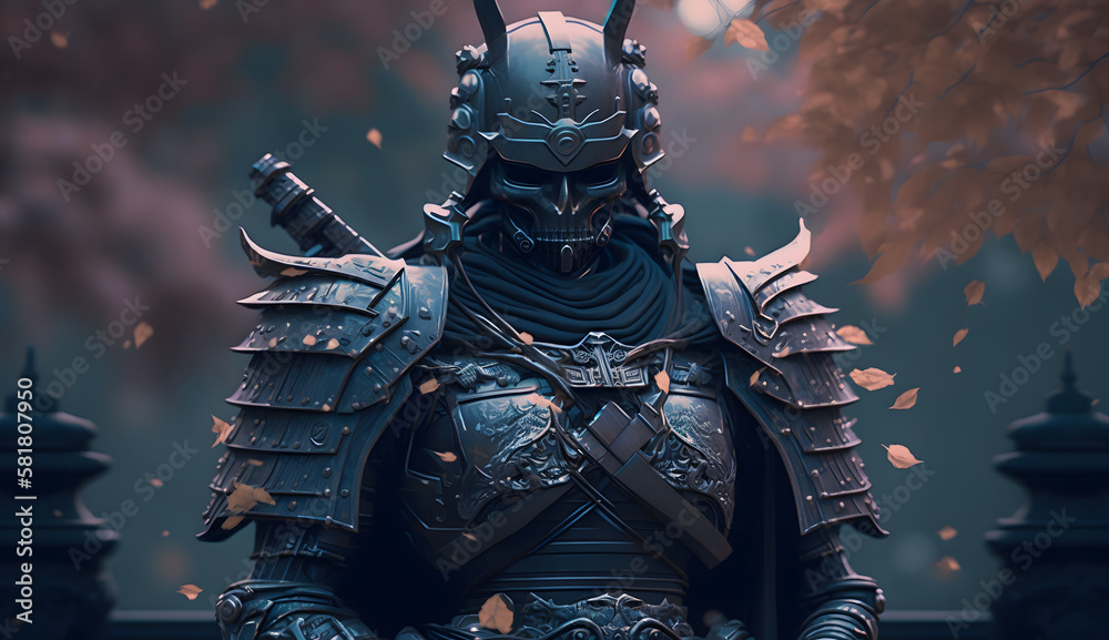 Fototapeta premium A Macabre But Magnificent Futurist Samurai In a Cemetery Wearing a Black Armor 3d AI Illustration