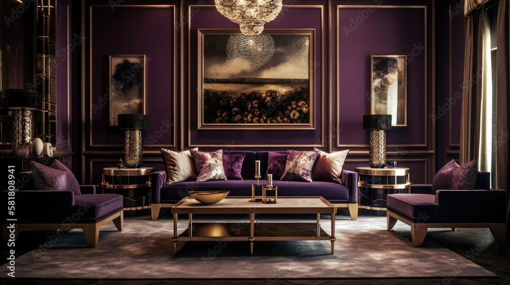 Purple and gold contemporary living room interior design idea. Generative AI illustration.