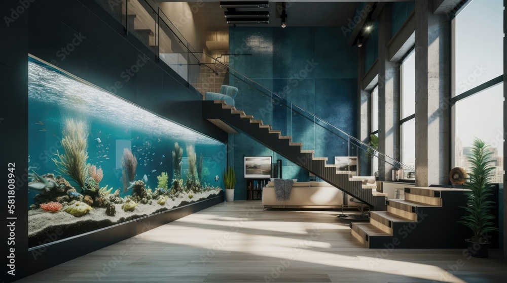 Rich modern living room interior design with aquarium and stairs. White