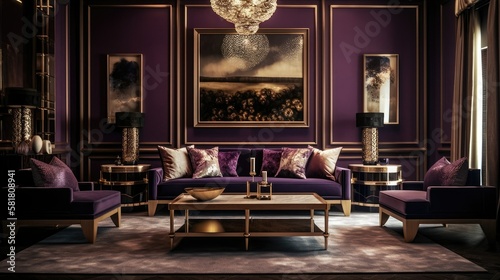 Purple and gold contemporary living room interior design idea. Generative AI illustration.