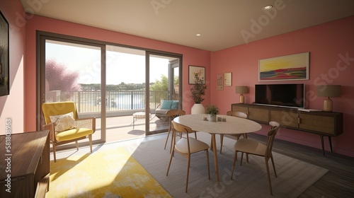 Modern living room interior design. Pink walls and yellow furnitures. Generative AI illustration. © Tuyres
