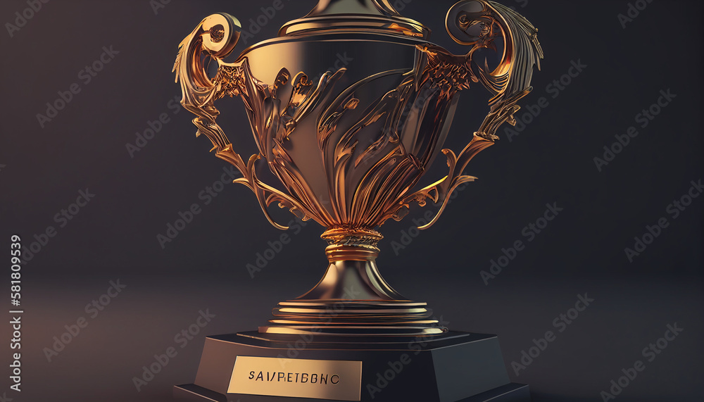 Gold trophy cup isolated on dark background, Generative AI