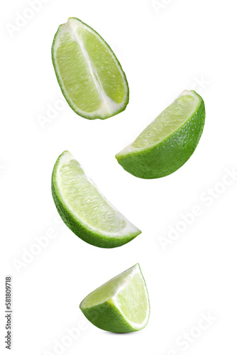 Levitation of lime slices on a transparent background.