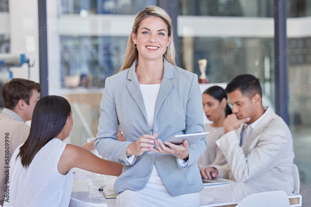 Happy business woman, portrait and tablet in meeting for online planning, internet search and pride in office. Female manager, smile and digital technology for productivity, connection and happiness Happy business woman, portrait and tablet in meeting for online planning, internet search and pride in office. Female manager, smile and digital technology for productivity, connection and happiness