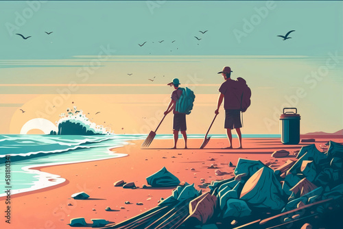Illustration of people cleaning beach created with generative AI technology 