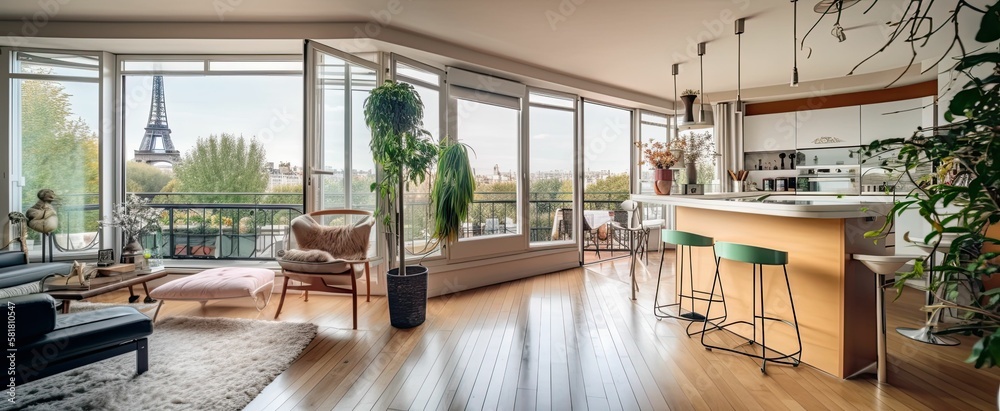 A modern apartment interior in Paris with modern furniture and decor, wooden floors, and glass windows (Generative AI) - obrazy, fototapety, plakaty 