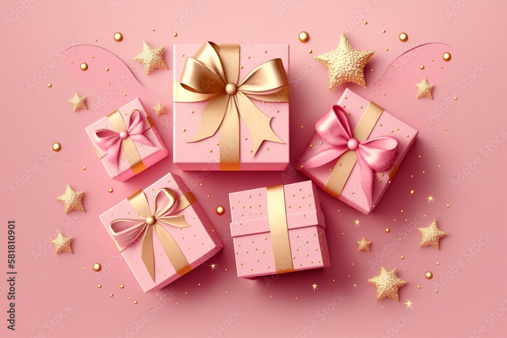 Holiday background with gift boxes and stars. Pink. Merry Christmas, winter holiday, happy new year, advertisement, invitation, or birthday card concept made with Generative AI 
