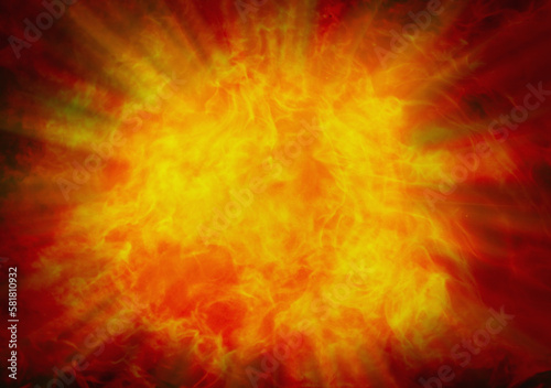 Explosion of fire as a symbol of hell and eternal torment. Explosion. Strength, danger, power, energy. Horizontal image.