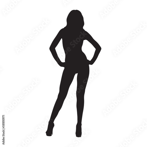 Woman standing with two hands on waist posing vector silhouette.