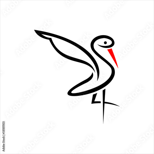 A bird with a red beak and a black and white tail is drawn in a black line.