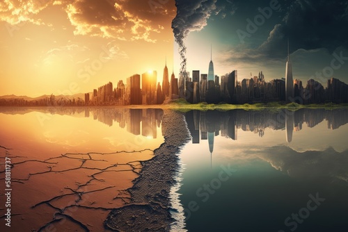 modern city with tall buildings and skyscrapers in the background, while in the foreground, a cracked and arid landscape depicts a global drought. Generative AI