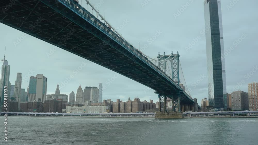 Manhattan financial district, Brooklyn bridge from the boat, New York Manhattan financial district, Brooklyn bridge from the boat, New York