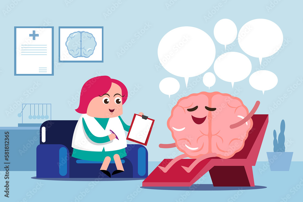 cute brain vector ,illustration, flat cartoon character consult doctor and talking checkup body show good health strong, funny healthy smiling therapy. cute brain vector ,illustration, flat cartoon character consult doctor and talking checkup body show good health strong, funny healthy smiling therapy.