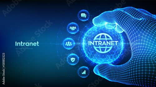 INTRANET. Global Network Connection Technology concept in the shape of polygonal sphere in wireframe hand. Intranet Business Corporate communication document management system dms. Vector illustration