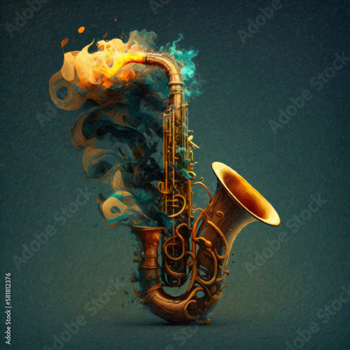 Abstract artistic illustration of a saxophone in pop art style. AI generative photo