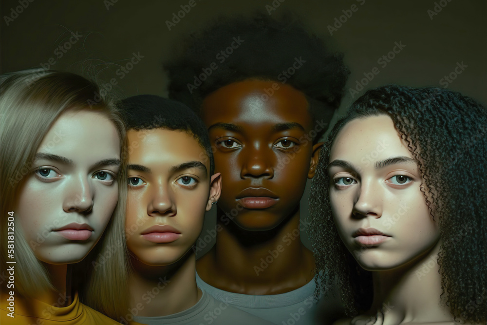 Four adorable cute multinational teenagers looking at camera. Generative AI illustration.