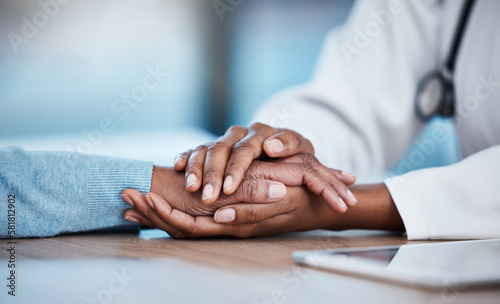 Doctor and patient closeup, holding hands and consultation support, healthcare services and sad news, test results or help. Clinic, medical professional or black people consulting, helping and advice