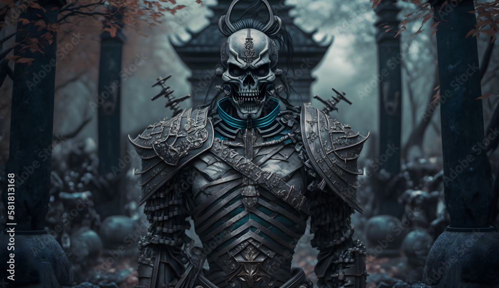 A Macabre But Magnificent Futurist Samurai In a Cemetery Wearing a Black Armor 3d AI Illustration, AI Generative