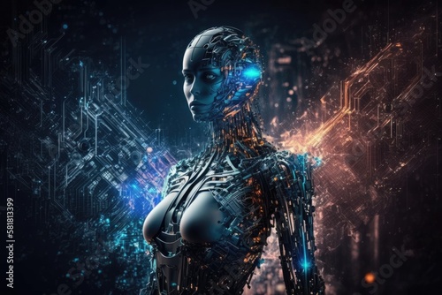 Metaverse humanoid AI robots Background of the digital world in cyberspace  the AI revolution  and the digital technology sector Concept 4.0. Generative AI