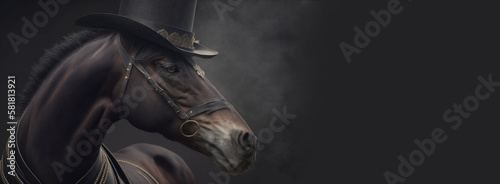 Gentleman horse and boss with hat, suit and tie. Banner header. AI generated.