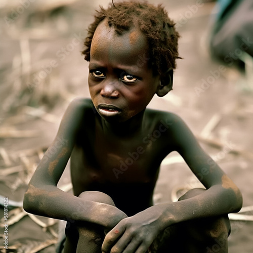 Malnourished, hungry, poor African boy in rags. Close up portrait with shallow field of depth. Concept of poverty and hunger. Illustrative Generative AI. Not a real person. photo