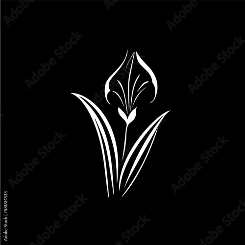 Minimalistic waterlily logo template, white icon of lily petals flower silhouette on black background, yoga logotype concept, cosmetic emblem, tattoo. Vector illustration