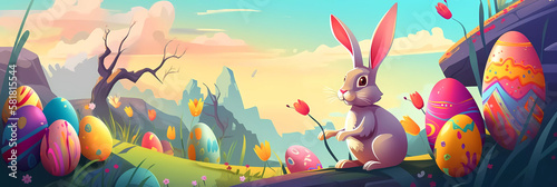cute easter bunny with colorful easter eggs in a beautiful easter scene in widescreen format in comic look for header or banner on social media, generative ai © ReiterPhotography