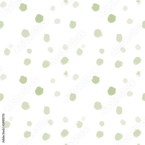 Abstract square seamless pattern with green watercolor dots streaks on a white background