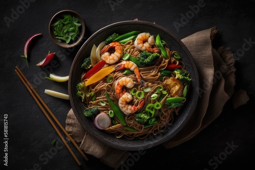 Soba noodles, shrimp (prawns), and veggies stir fried. Top view of healthful Asian stir fried cuisine on a dark background. Generative AI